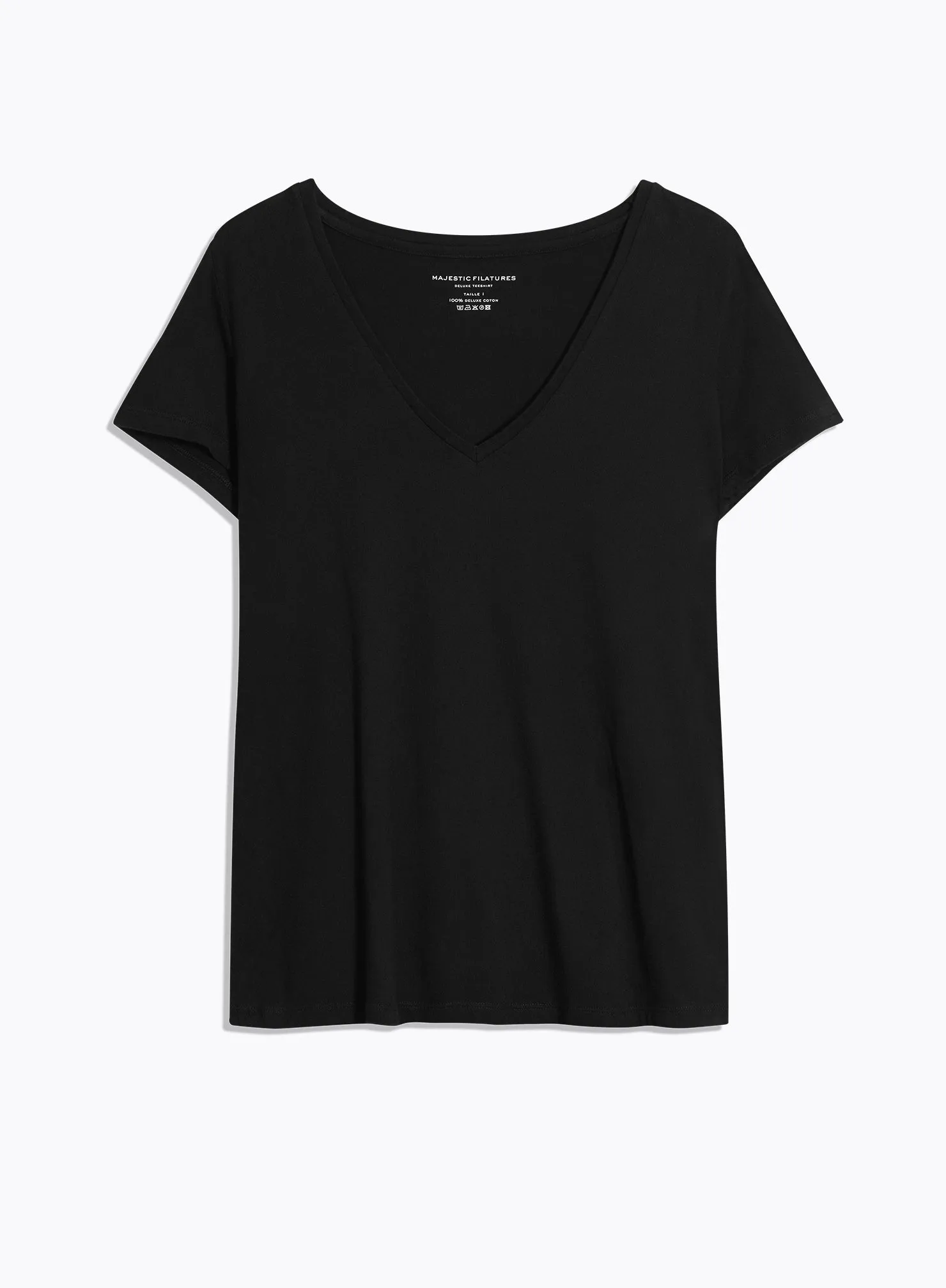 T-shirt Noir Julia Col V Manches Courtes en Deluxe Coton