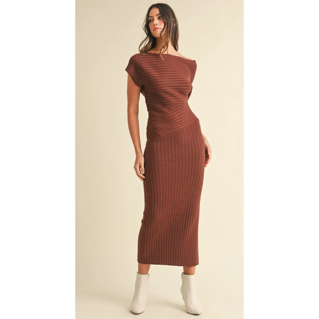 The Carly Brown Ribbed Knit Midi Dress