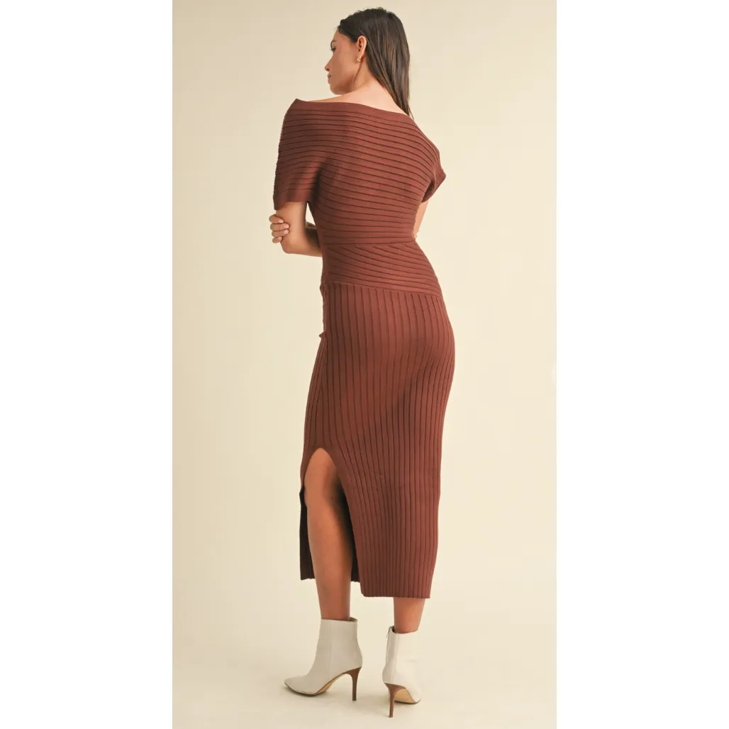 The Carly Brown Ribbed Knit Midi Dress