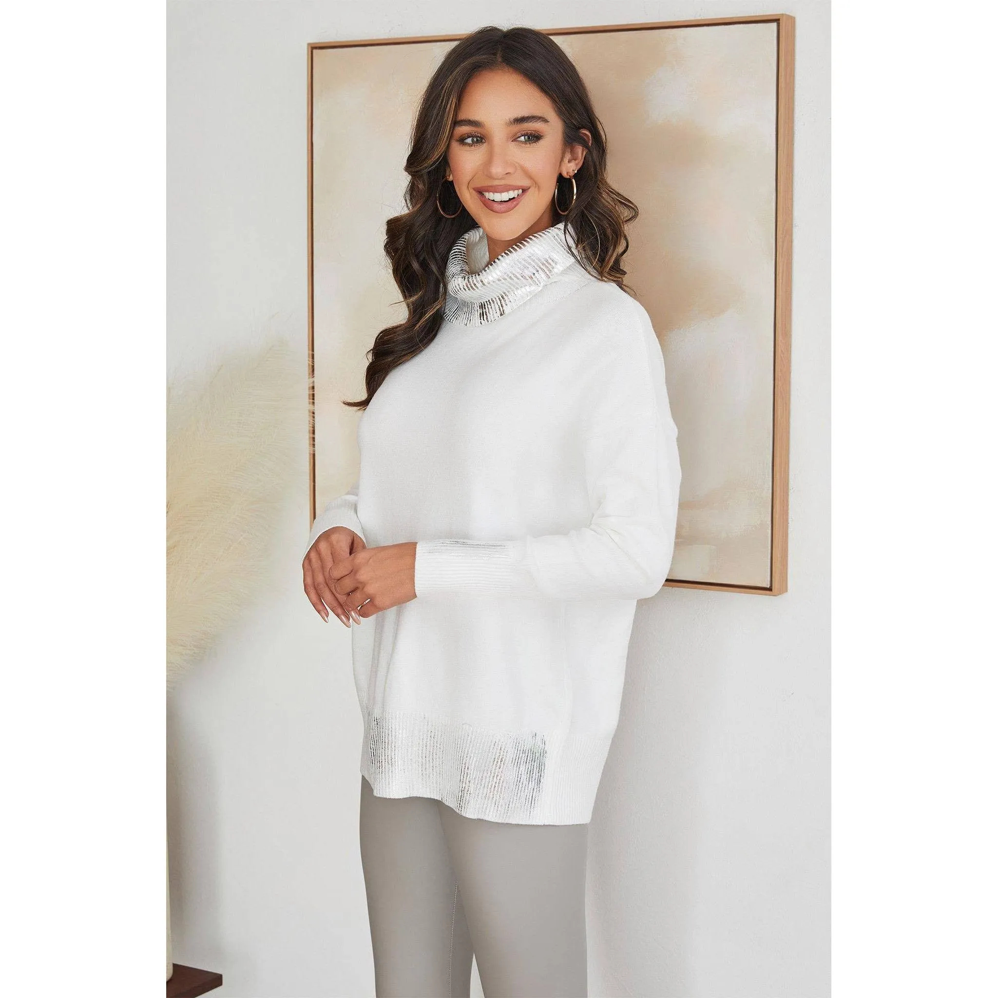 The Crystal White Metallic Foil Detail Turtleneck Sweater