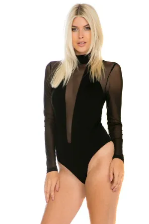 THE MYSTYLEMODE BLACK CHOKER V CUT OUT MESH LONG SLEEVE BODYSUIT