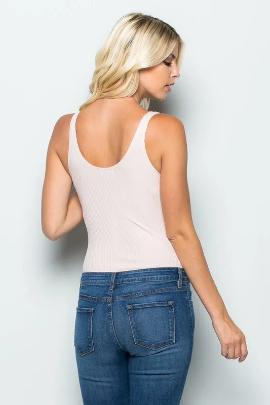 THE MYSTYLEMODE LIGHT PINK RIBBED PLUNGING V NECK SLEEVELESS BODYSUIT