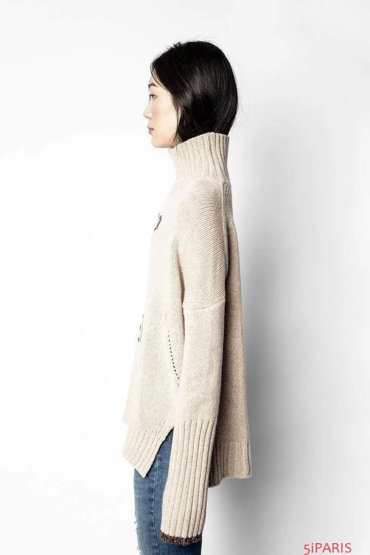 The Rock Turtleneck Contrast Color Inlay Letter Thick Needle round Neck Cashmere Sweater