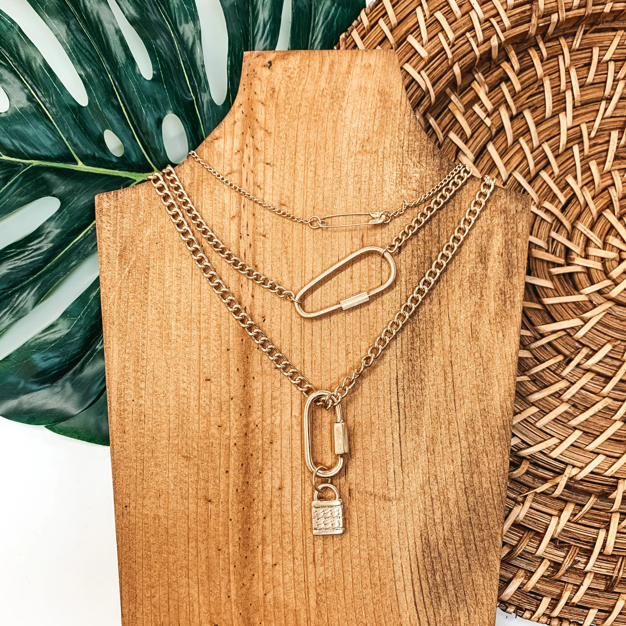 Triple Layer Gold Necklace with Lock Pendant