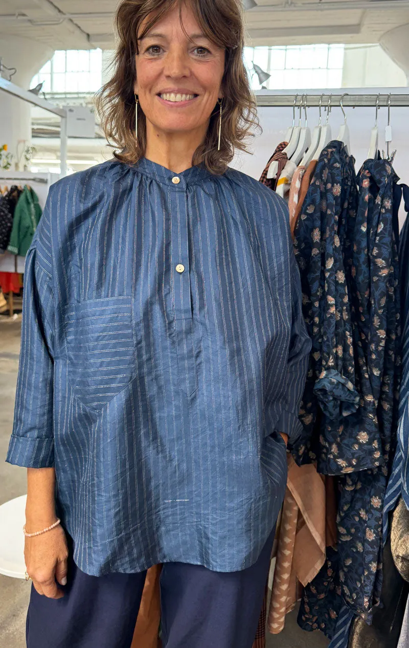 Tunic Shirt in Navy Silk Metallic Pinstripe