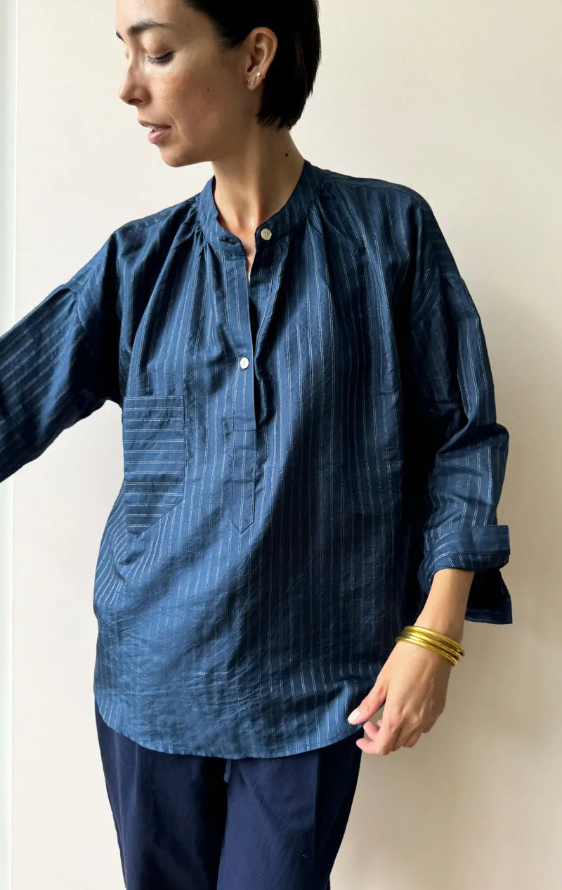 Tunic Shirt in Navy Silk Metallic Pinstripe