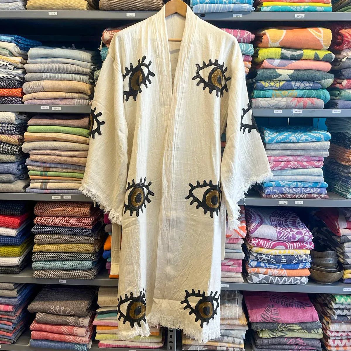 Turkish Towel Kimono Bathrobe Eye Design Natural