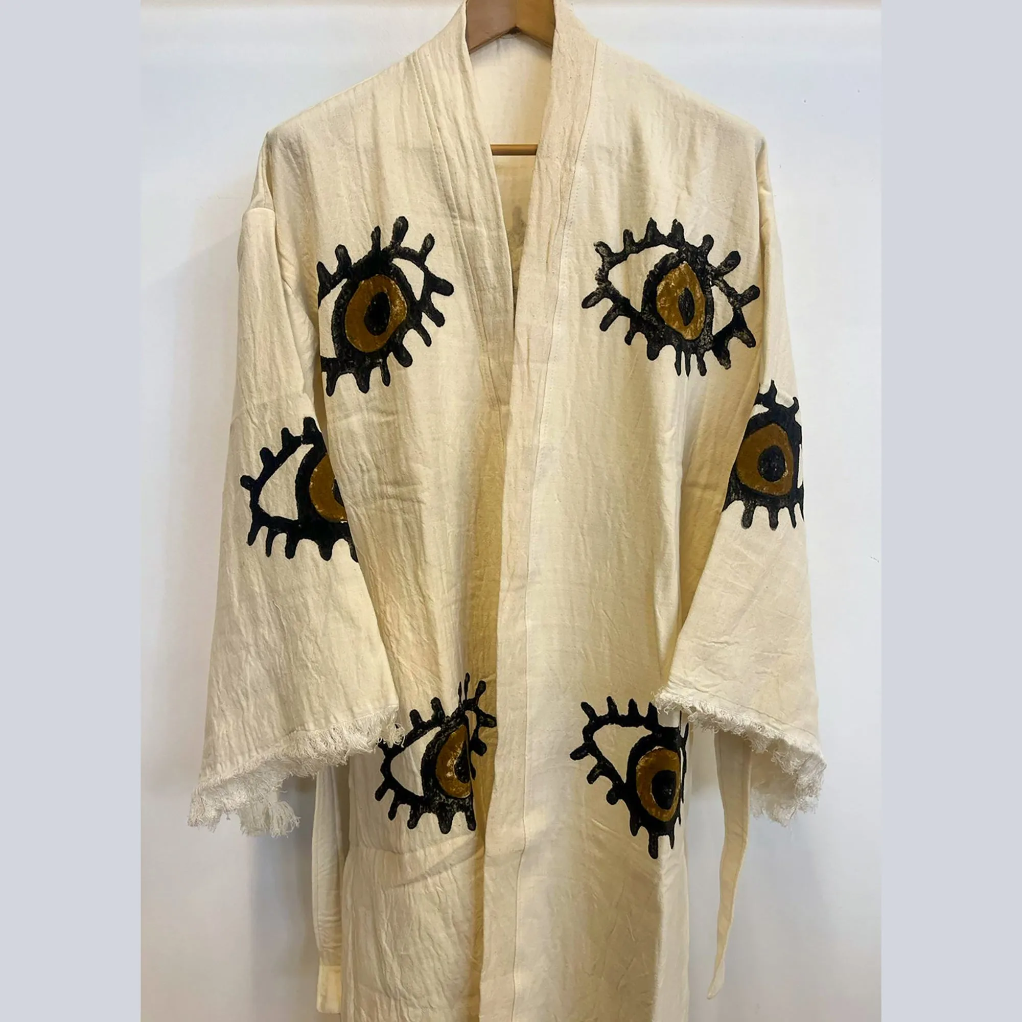 Turkish Towel Kimono Bathrobe Eye Design Natural