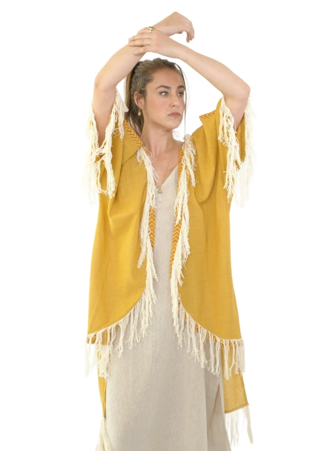 Turmeric Organic Cotton Shrug with Fringe