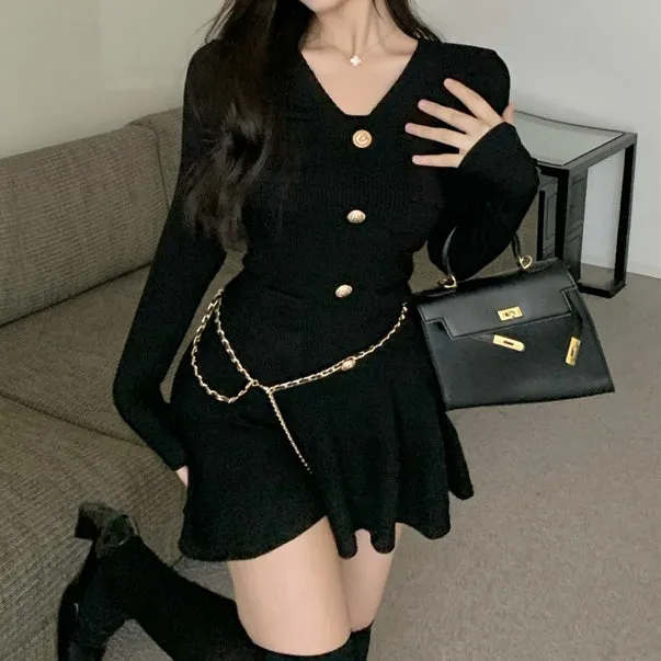 V-Neck Solid Single-Breasted Bodycon Knit Dress