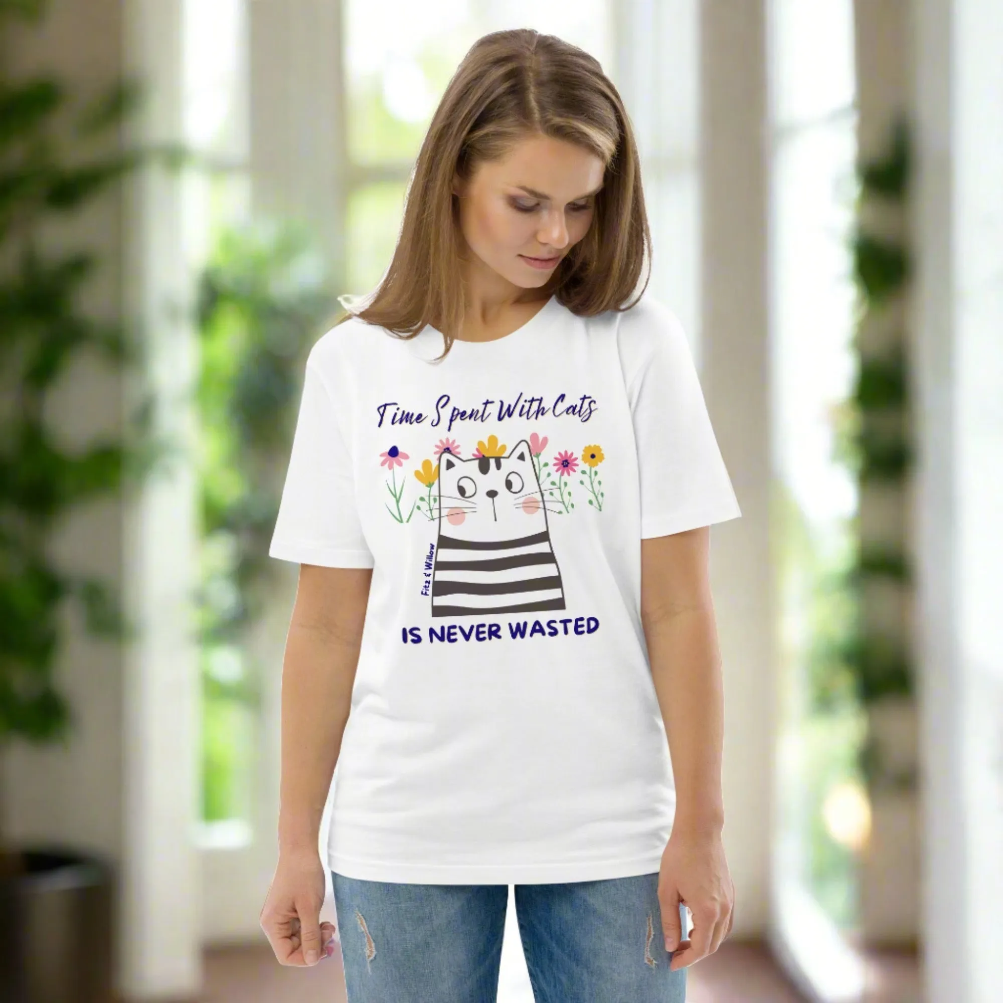 Vegan Cotton Cat T-Shirt | Floral Cat Print, Eco-Friendly