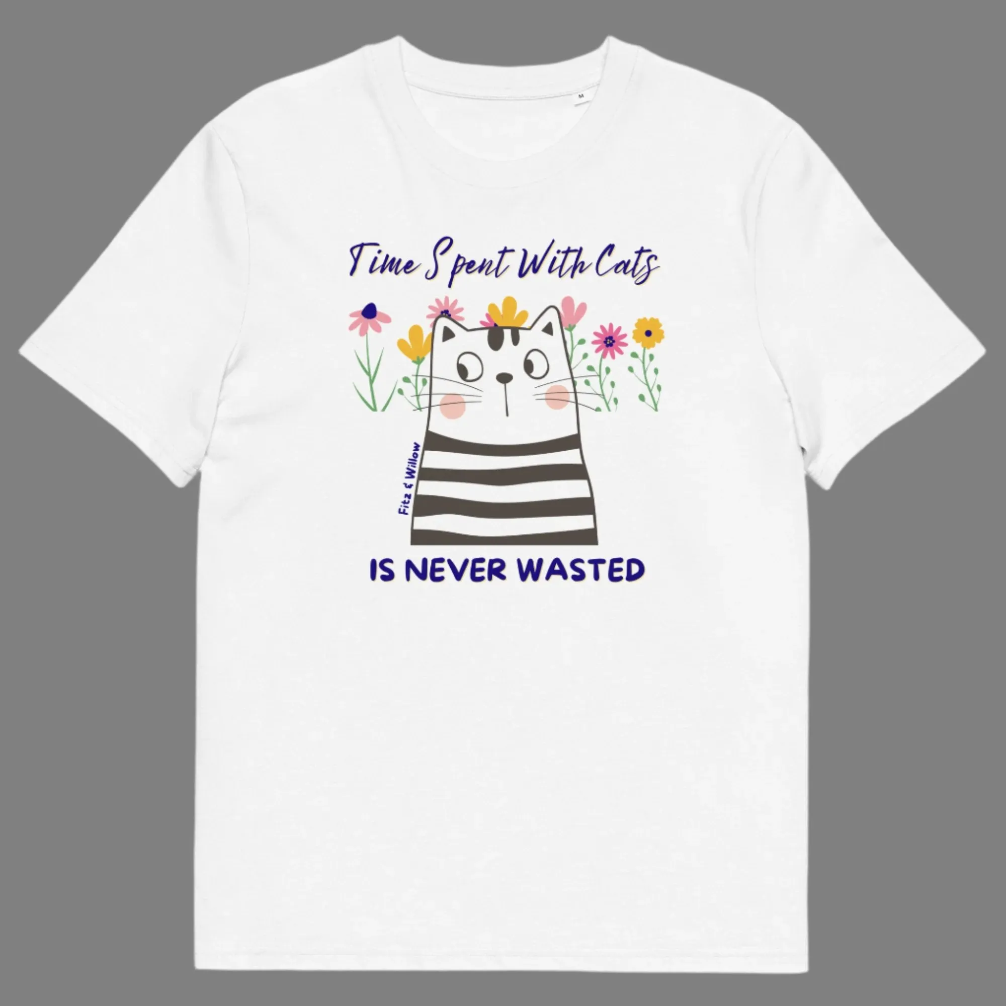 Vegan Cotton Cat T-Shirt | Floral Cat Print, Eco-Friendly