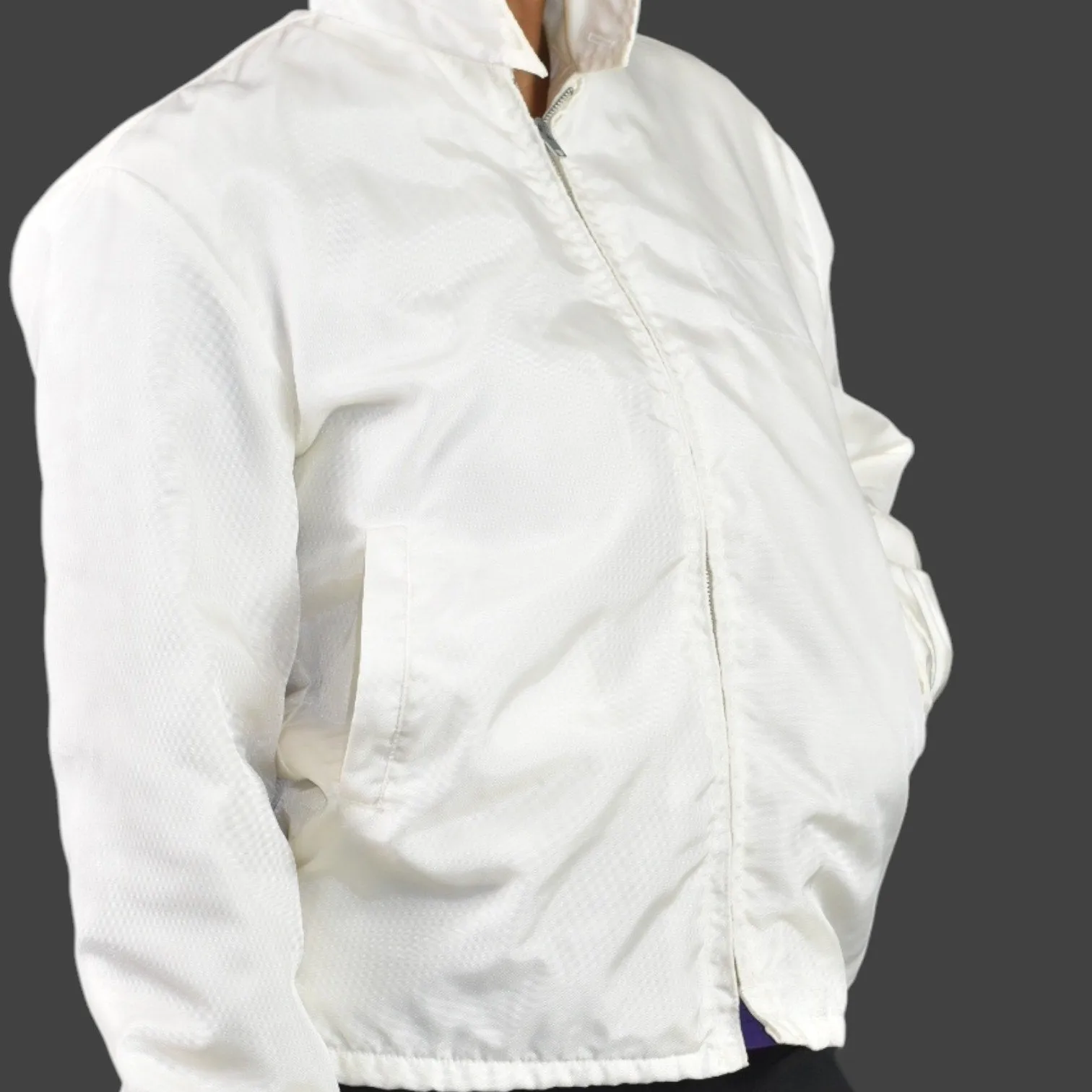 Vintage California White Matte Satin Bomber Jacket Faux Fur Lined Retro Zip Front Small