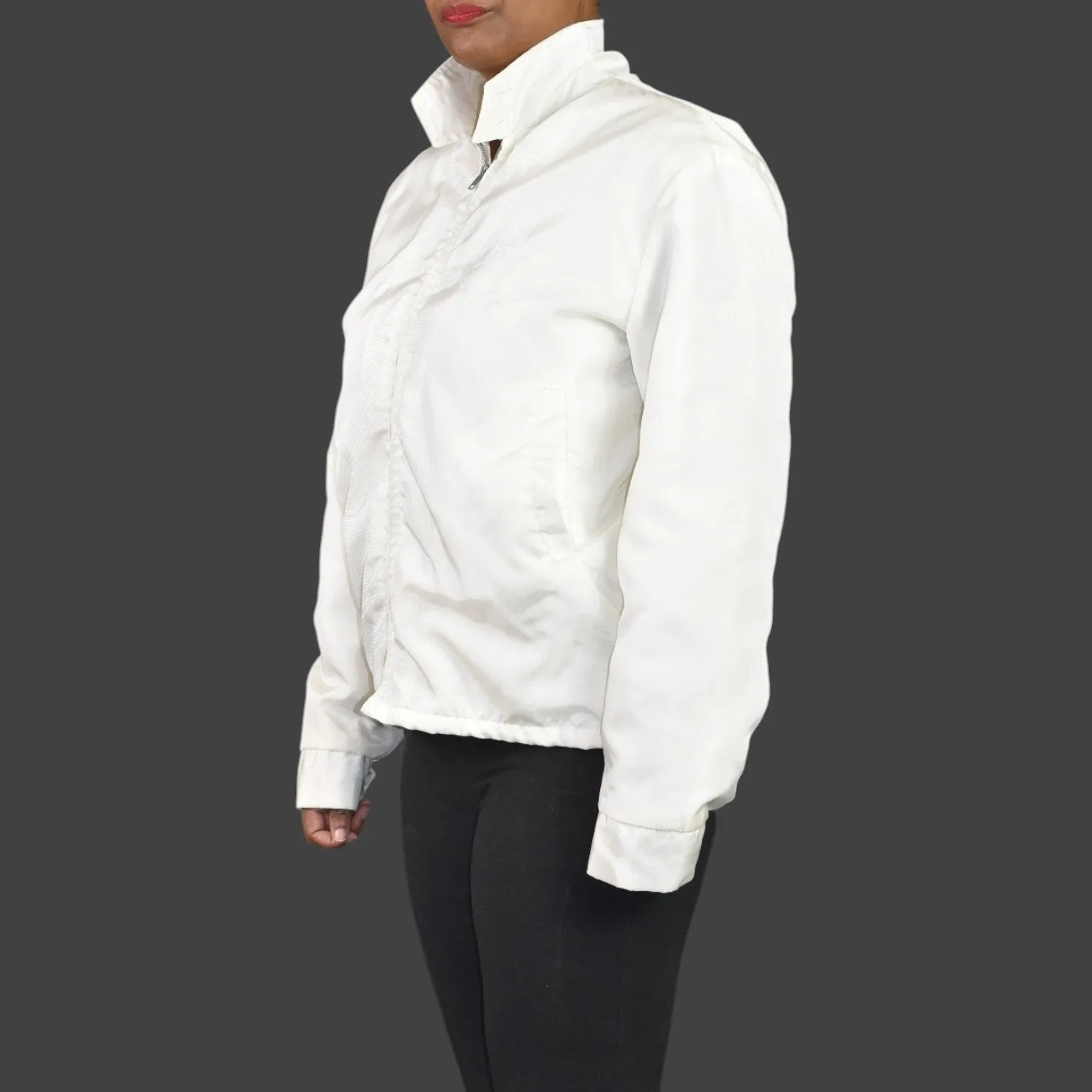 Vintage California White Matte Satin Bomber Jacket Faux Fur Lined Retro Zip Front Small