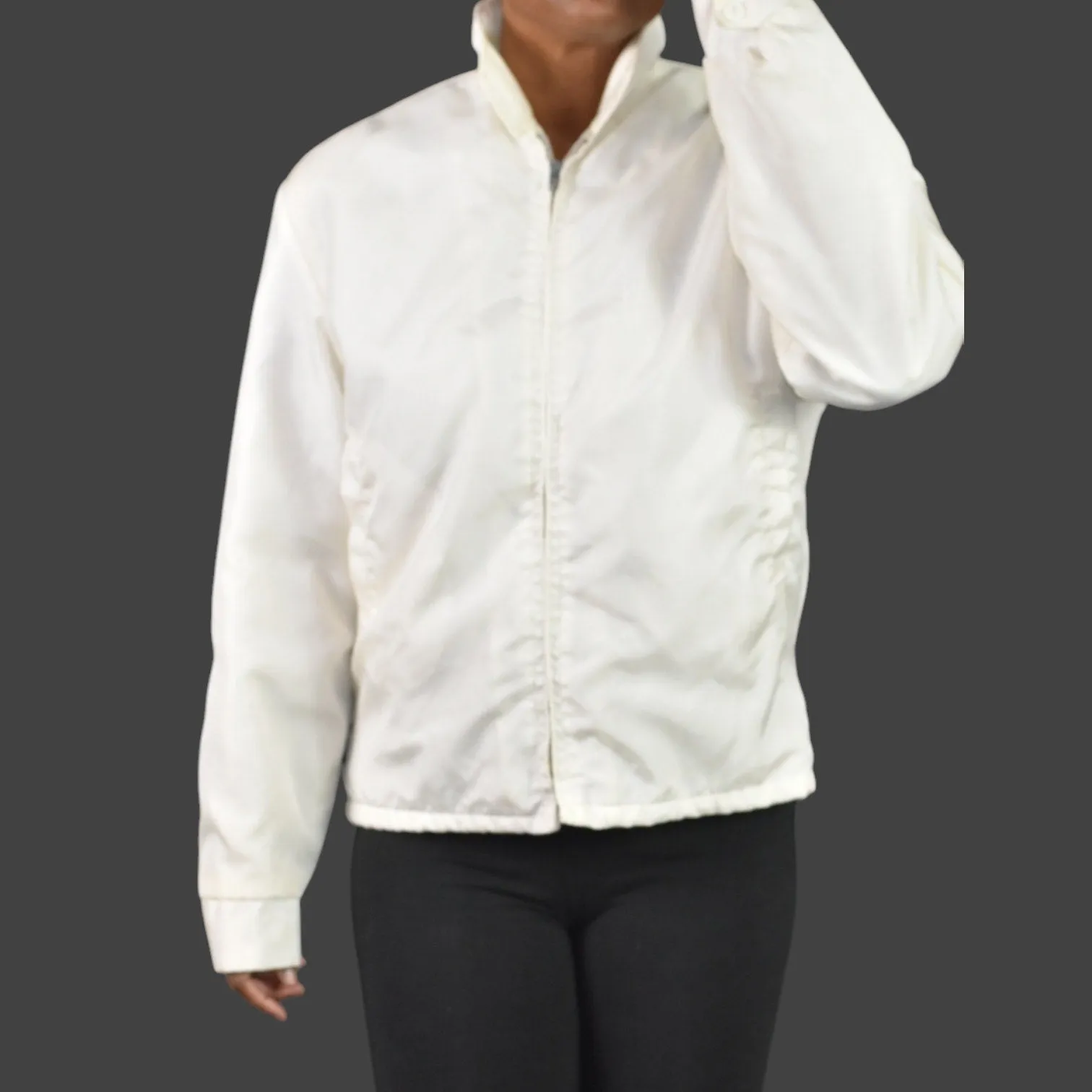 Vintage California White Matte Satin Bomber Jacket Faux Fur Lined Retro Zip Front Small