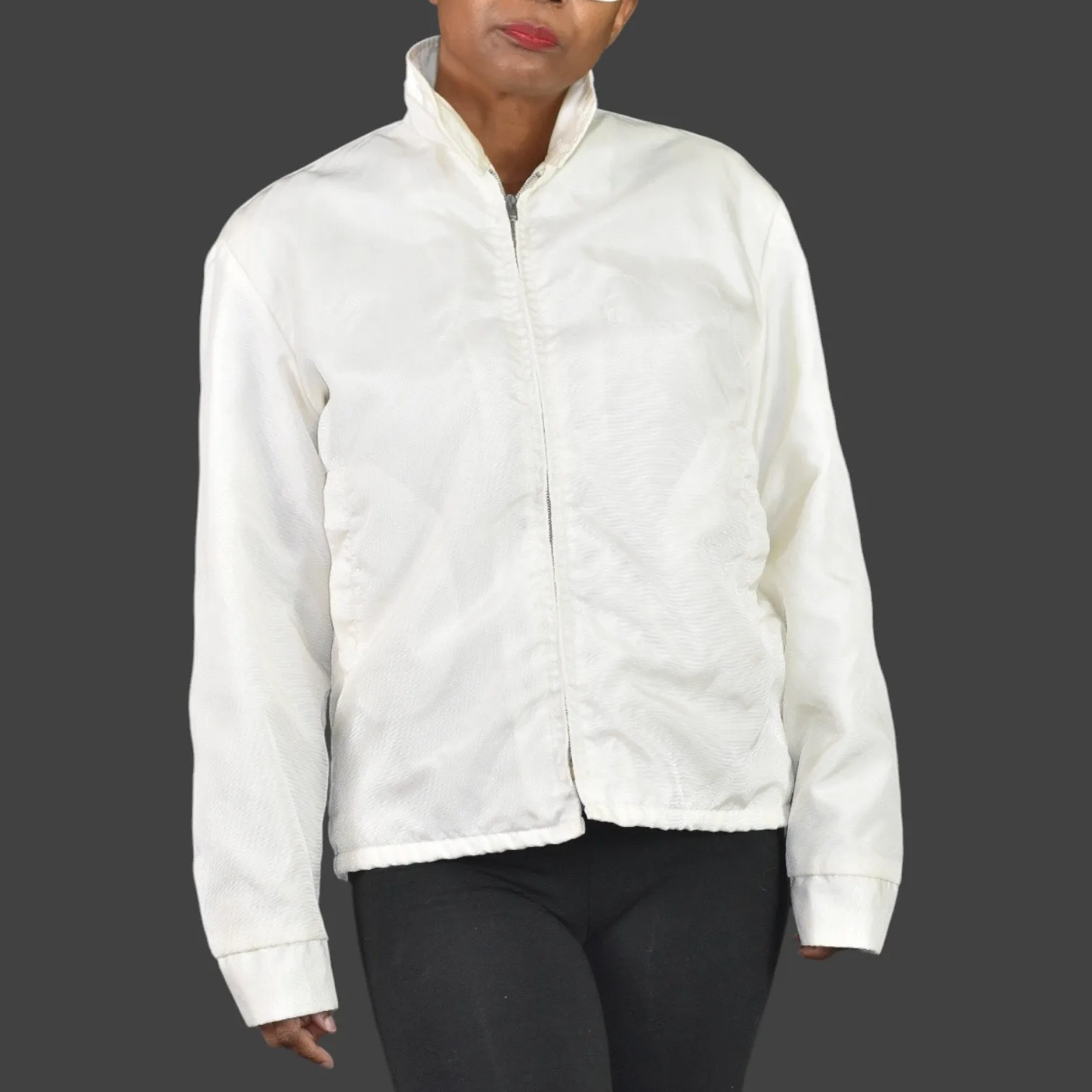 Vintage California White Matte Satin Bomber Jacket Faux Fur Lined Retro Zip Front Small