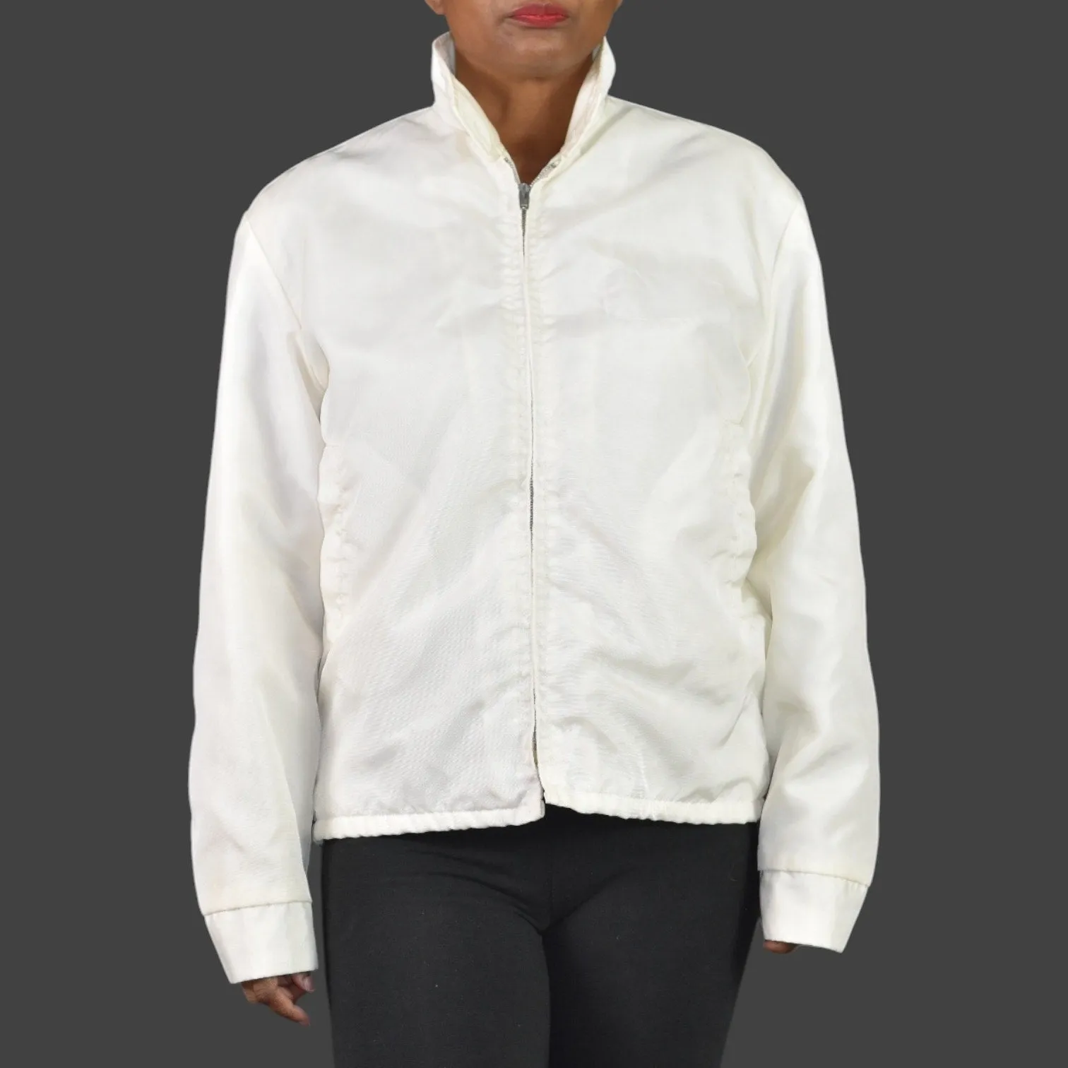 Vintage California White Matte Satin Bomber Jacket Faux Fur Lined Retro Zip Front Small