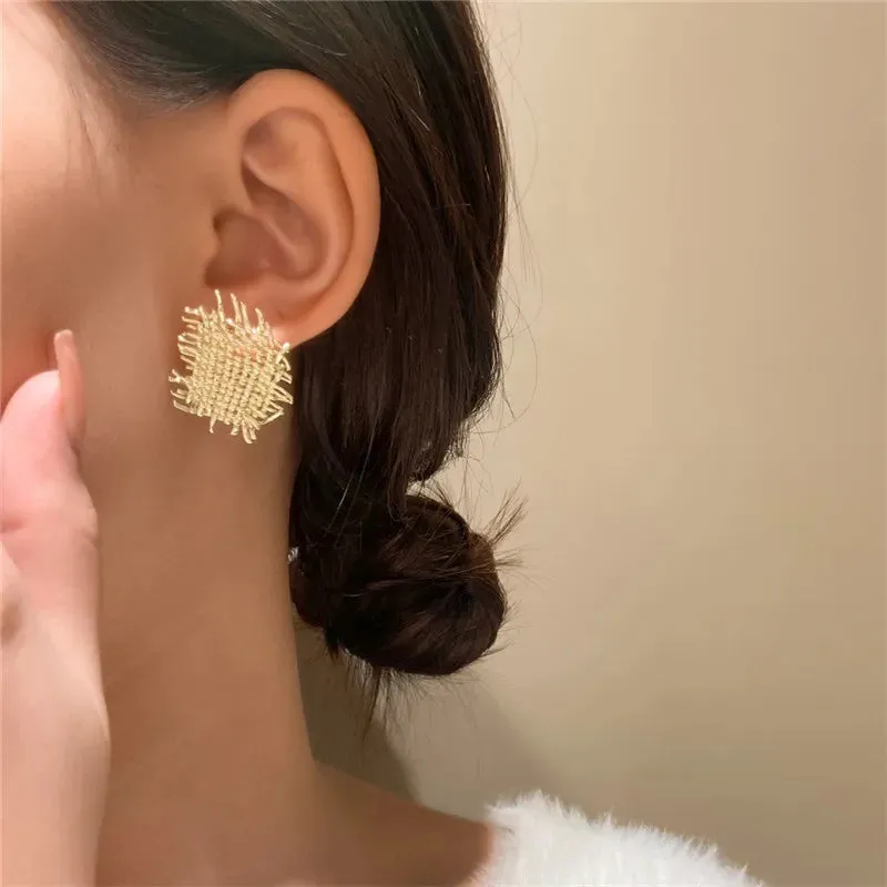 Vintage Metal Stud Gold Twist Square Small Unusual Fashion Earring