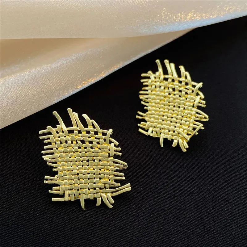 Vintage Metal Stud Gold Twist Square Small Unusual Fashion Earring