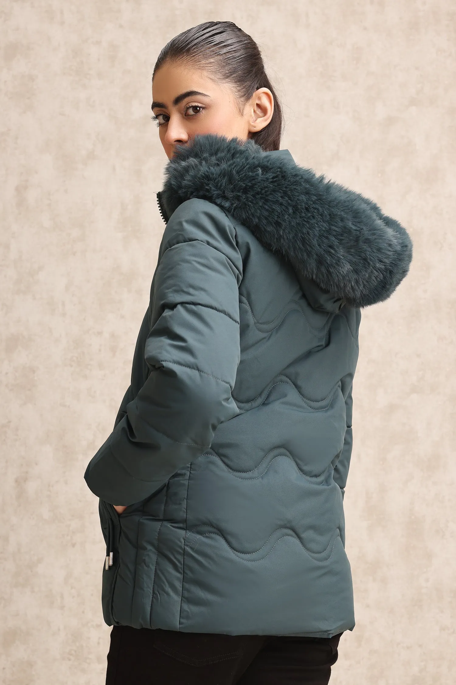 WAVE-STITCHED PUFFER JACKET-GREEN