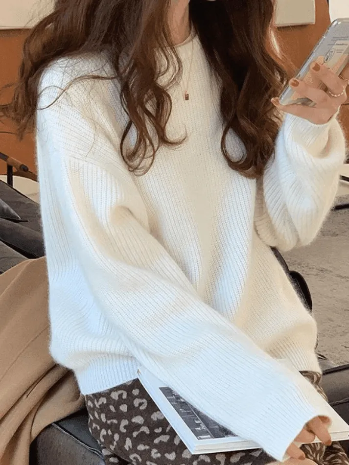 Wenkouban-Spring Casual Outfits Y2K Outfits Solid Color Crew Neck Pullover Sweater