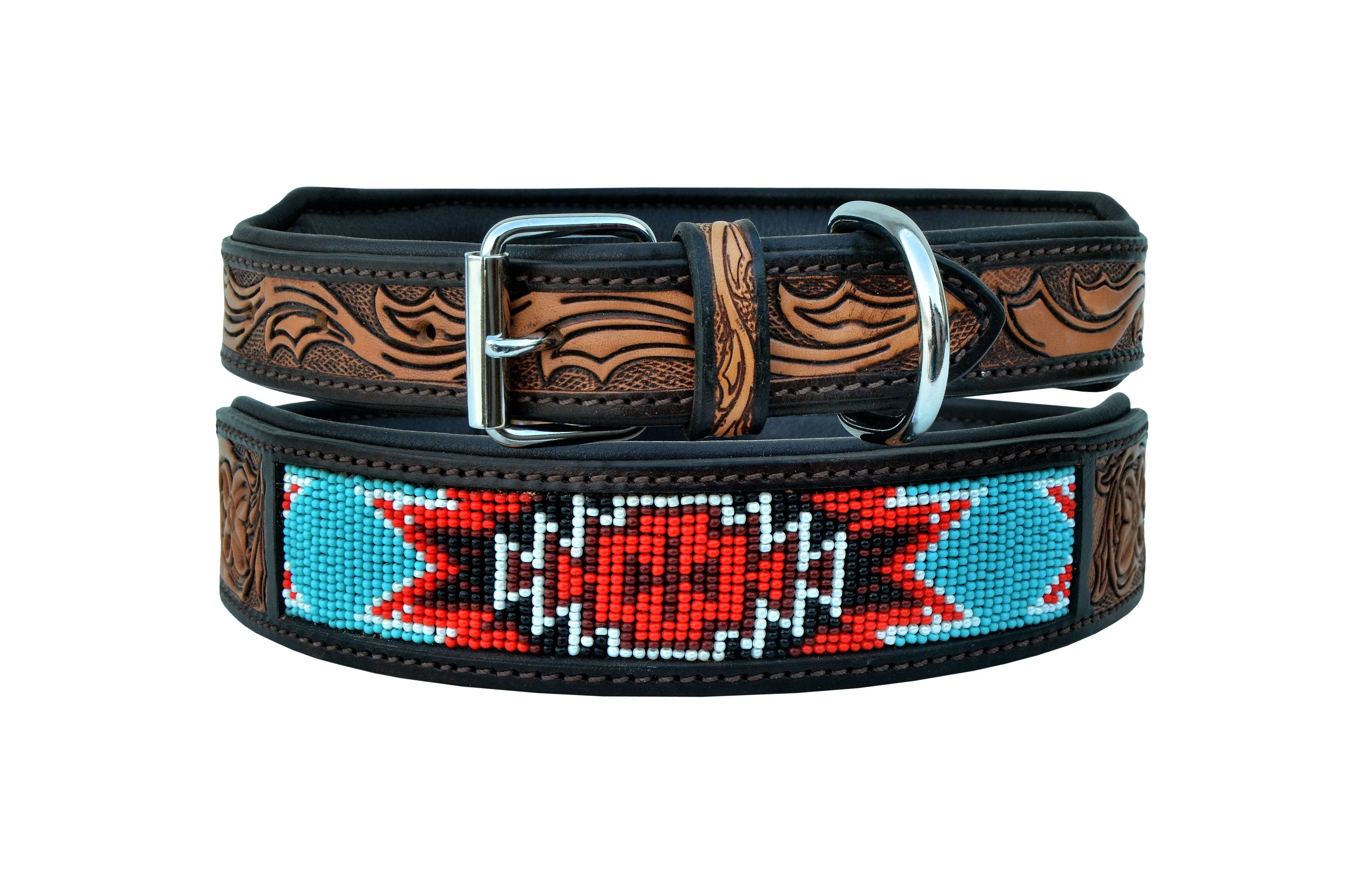 Western Style Beaded and Tooled Leather Dog Collar With Padded Soft Lining 10AB008