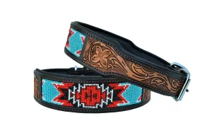 Western Style Beaded and Tooled Leather Dog Collar With Padded Soft Lining 10AB008