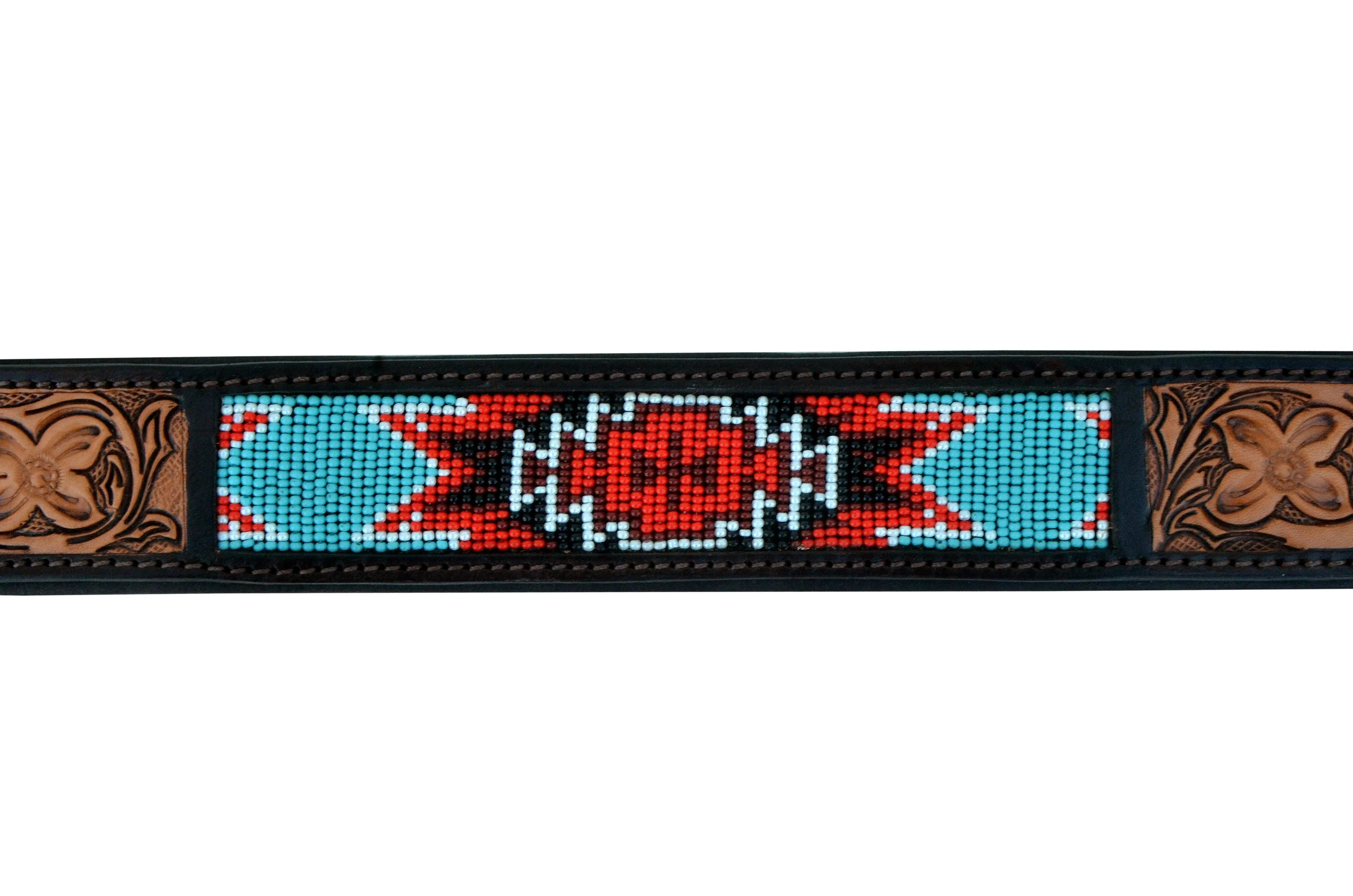 Western Style Beaded and Tooled Leather Dog Collar With Padded Soft Lining 10AB008