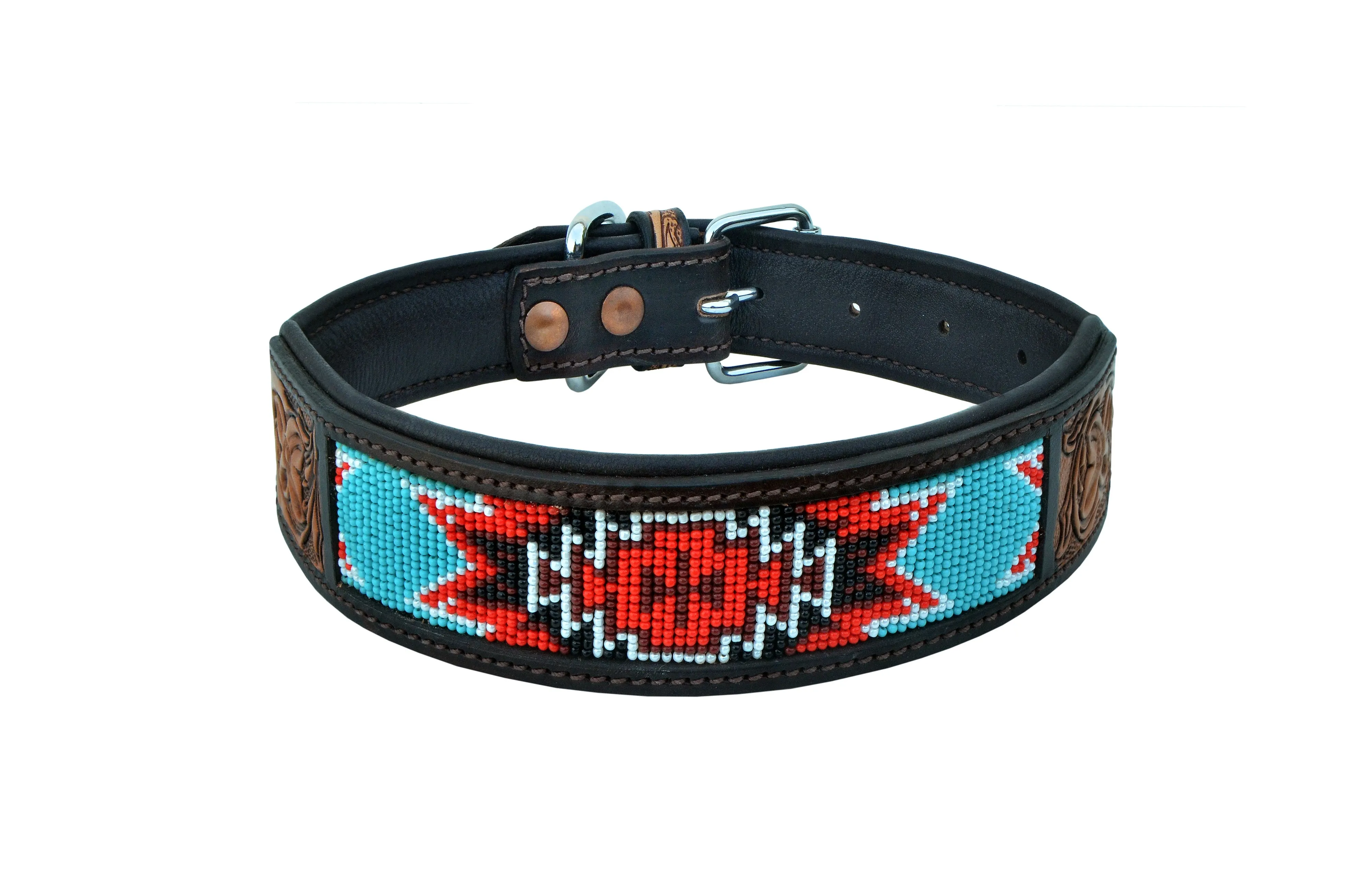 Western Style Beaded and Tooled Leather Dog Collar With Padded Soft Lining 10AB008