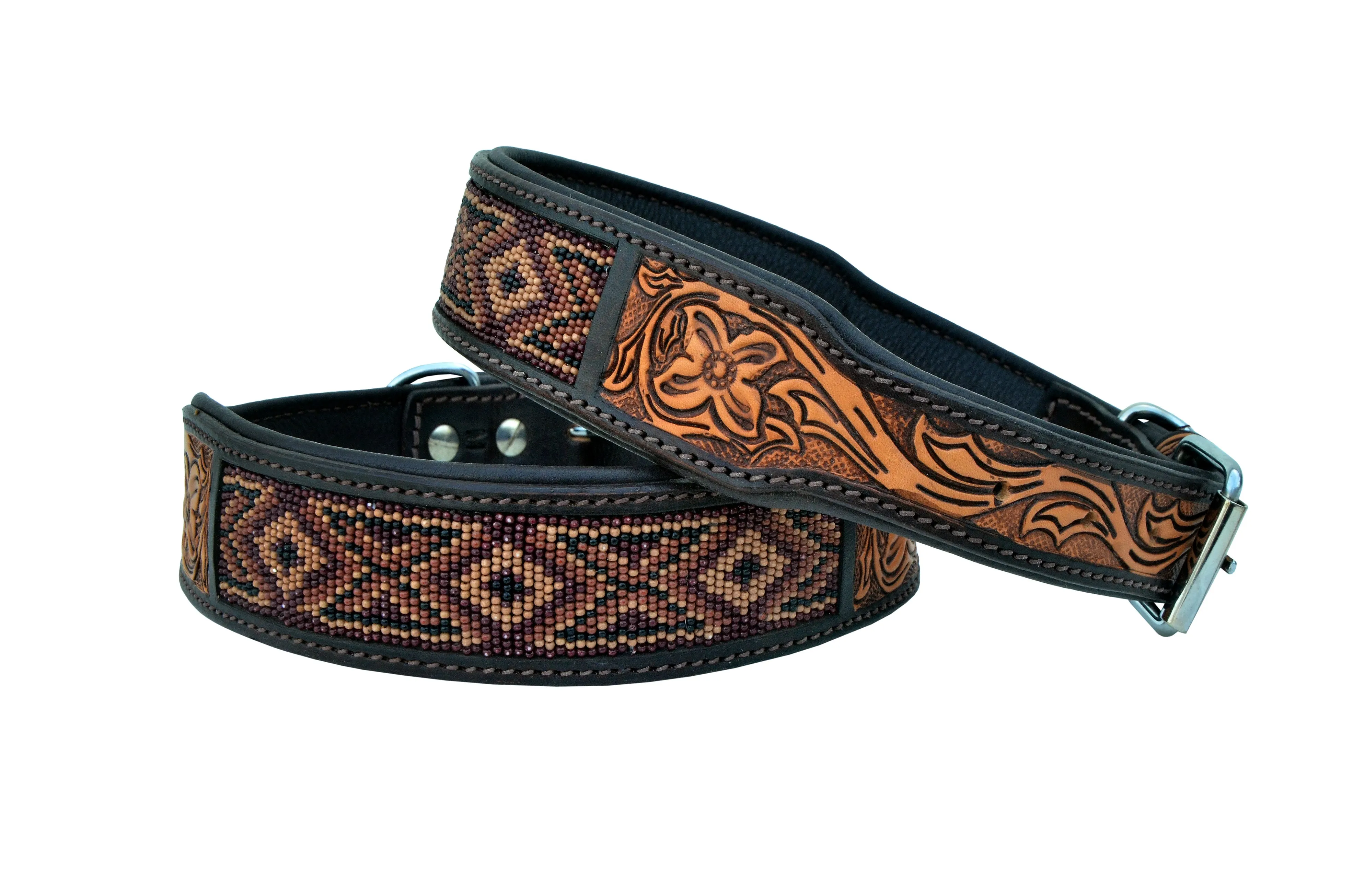 Western Style Beaded and Tooled Leather Dog Collar With Padded Soft Lining 10AB019