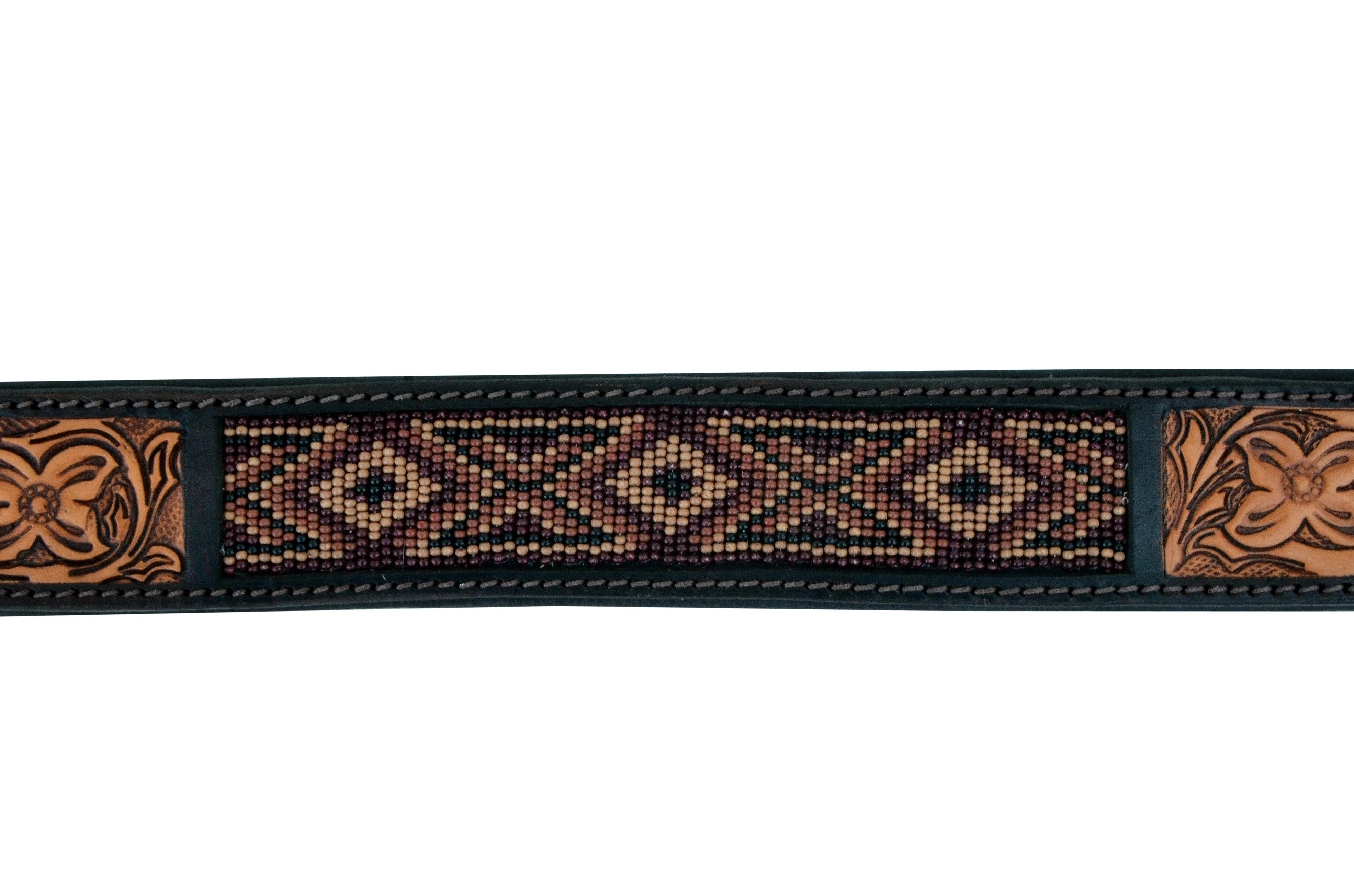 Western Style Beaded and Tooled Leather Dog Collar With Padded Soft Lining 10AB019