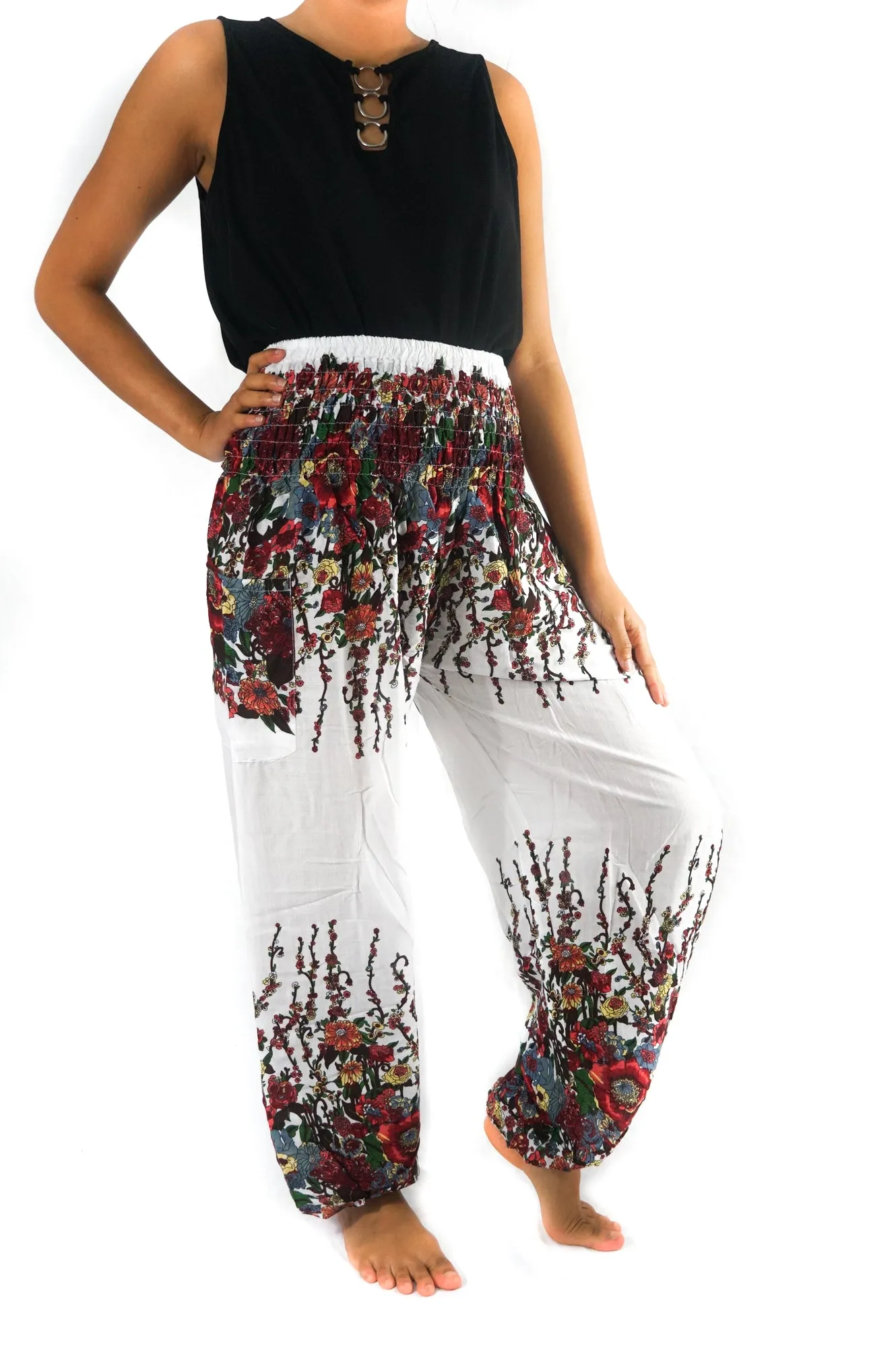 White FLORAL Women Boho Pants Hippie Pants Yoga Pants