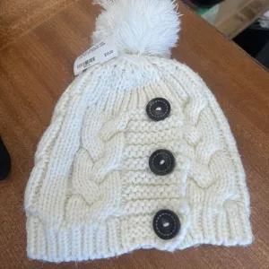 White Knit Beanie Hat with Pom Pom and Buttons: white-unisex-