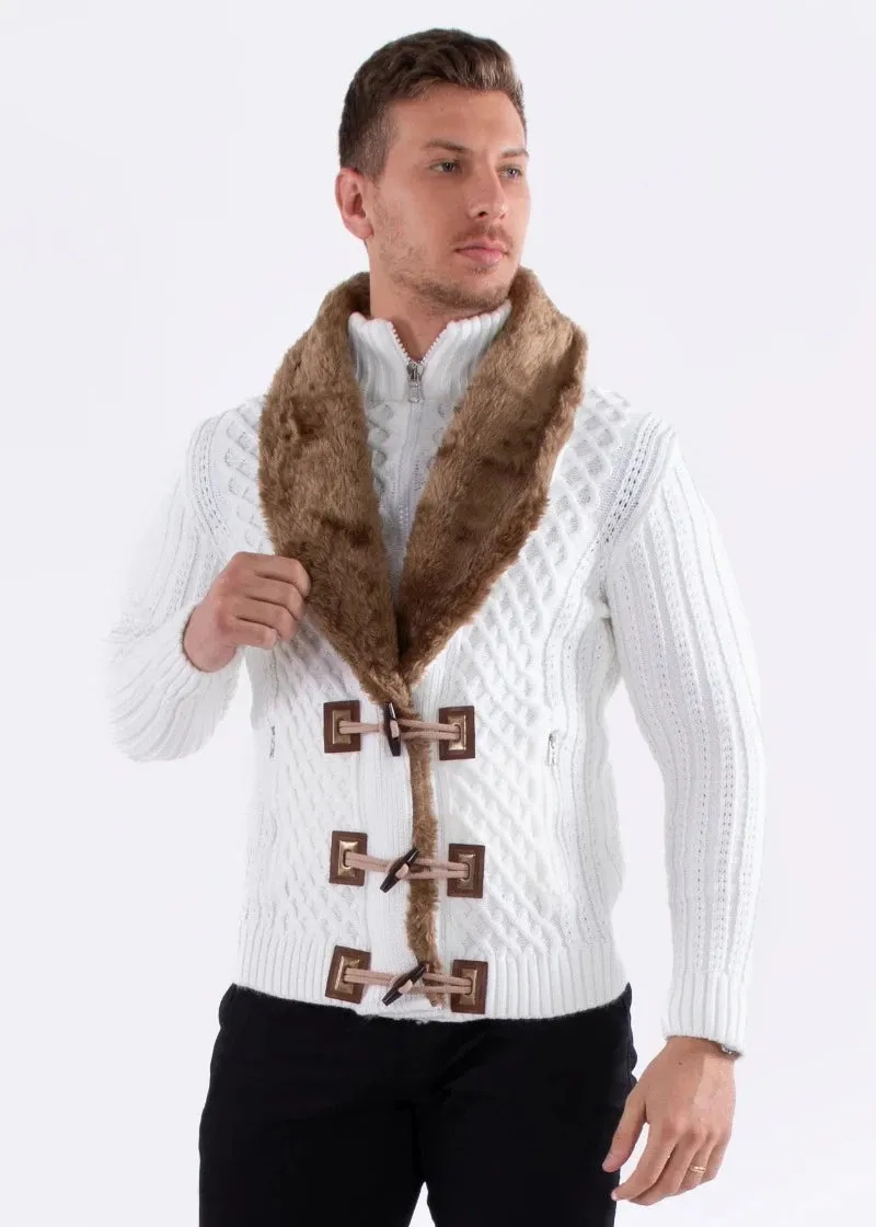 White Men's Sweaters with Fur collar Zipper Pockets