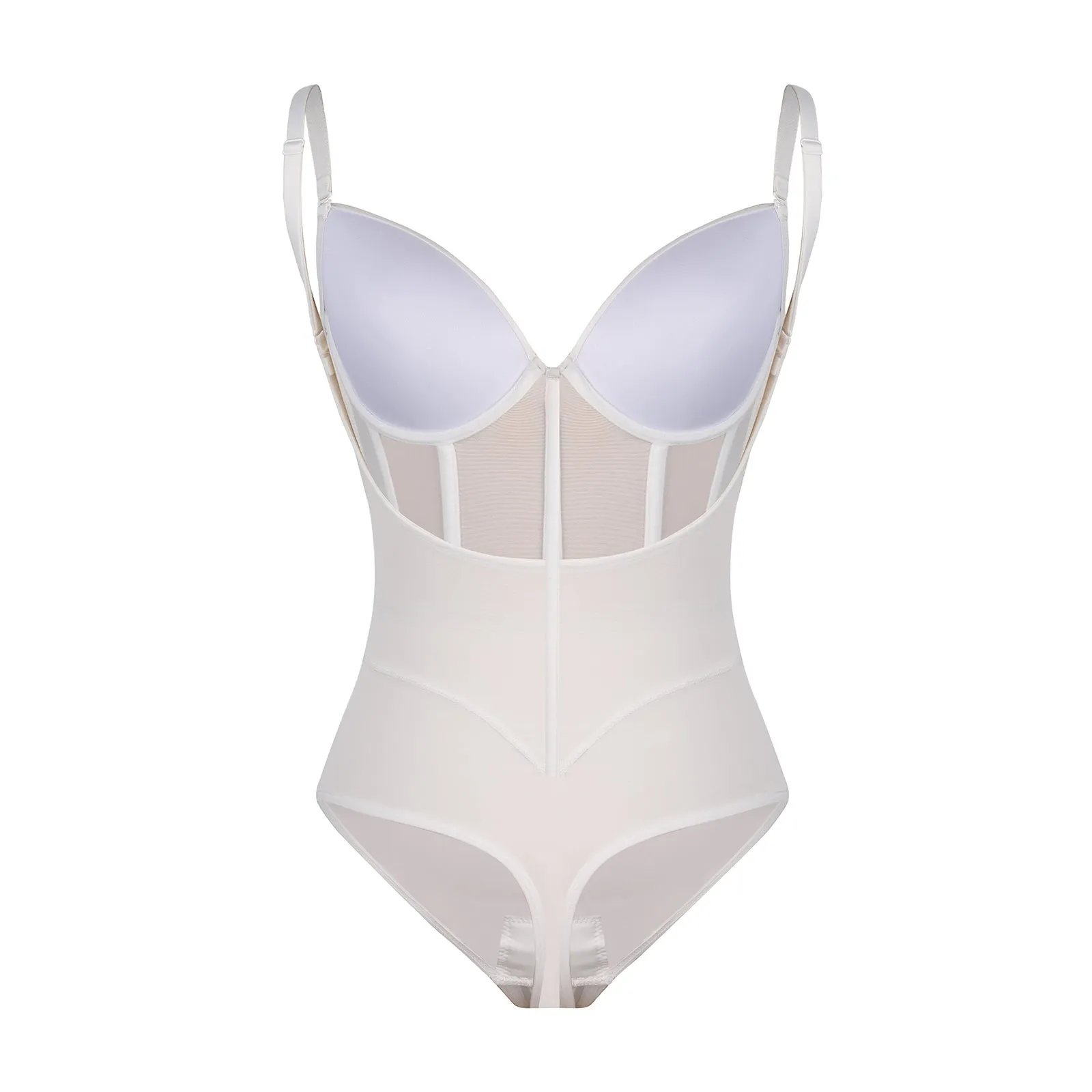 White Plunge Backless Bodysuit Shaper With Built-In Bra And Velvet Boned Corset