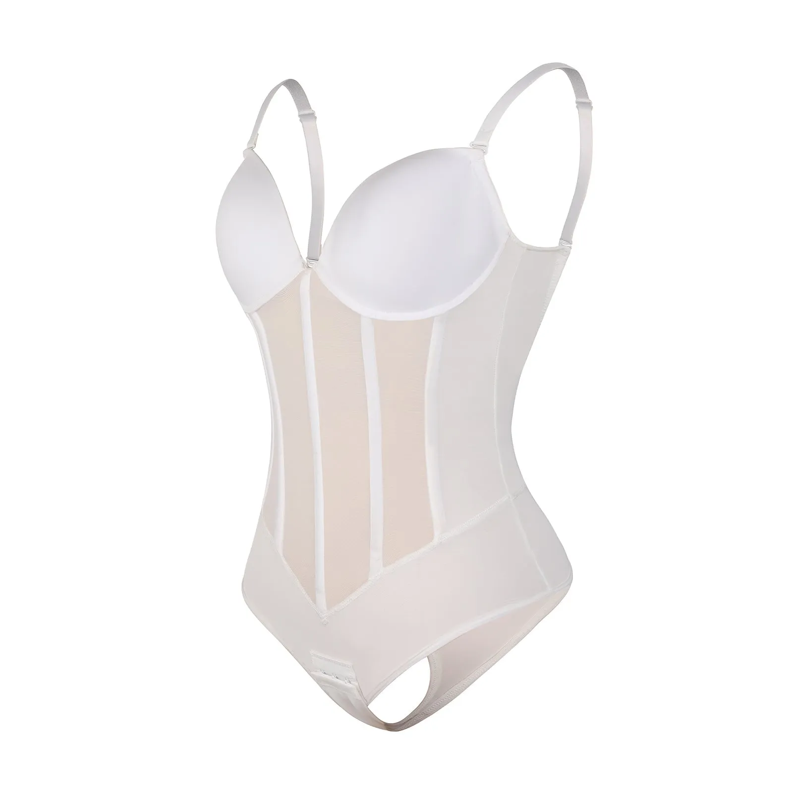 White Plunge Backless Bodysuit Shaper With Built-In Bra And Velvet Boned Corset