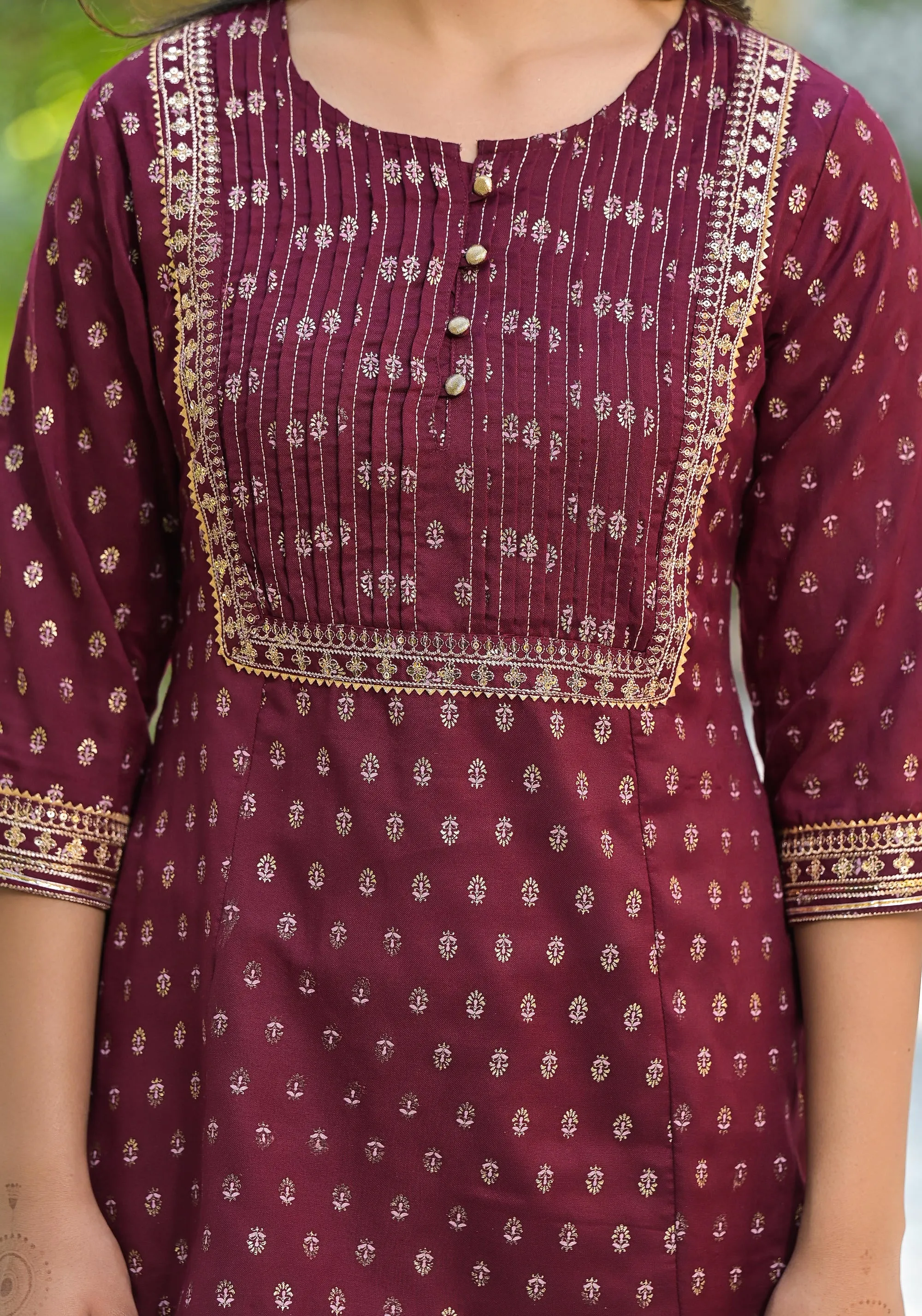 Wine Ethnic Motif Printed Liva Rayon Tunic With Sequins & Lace