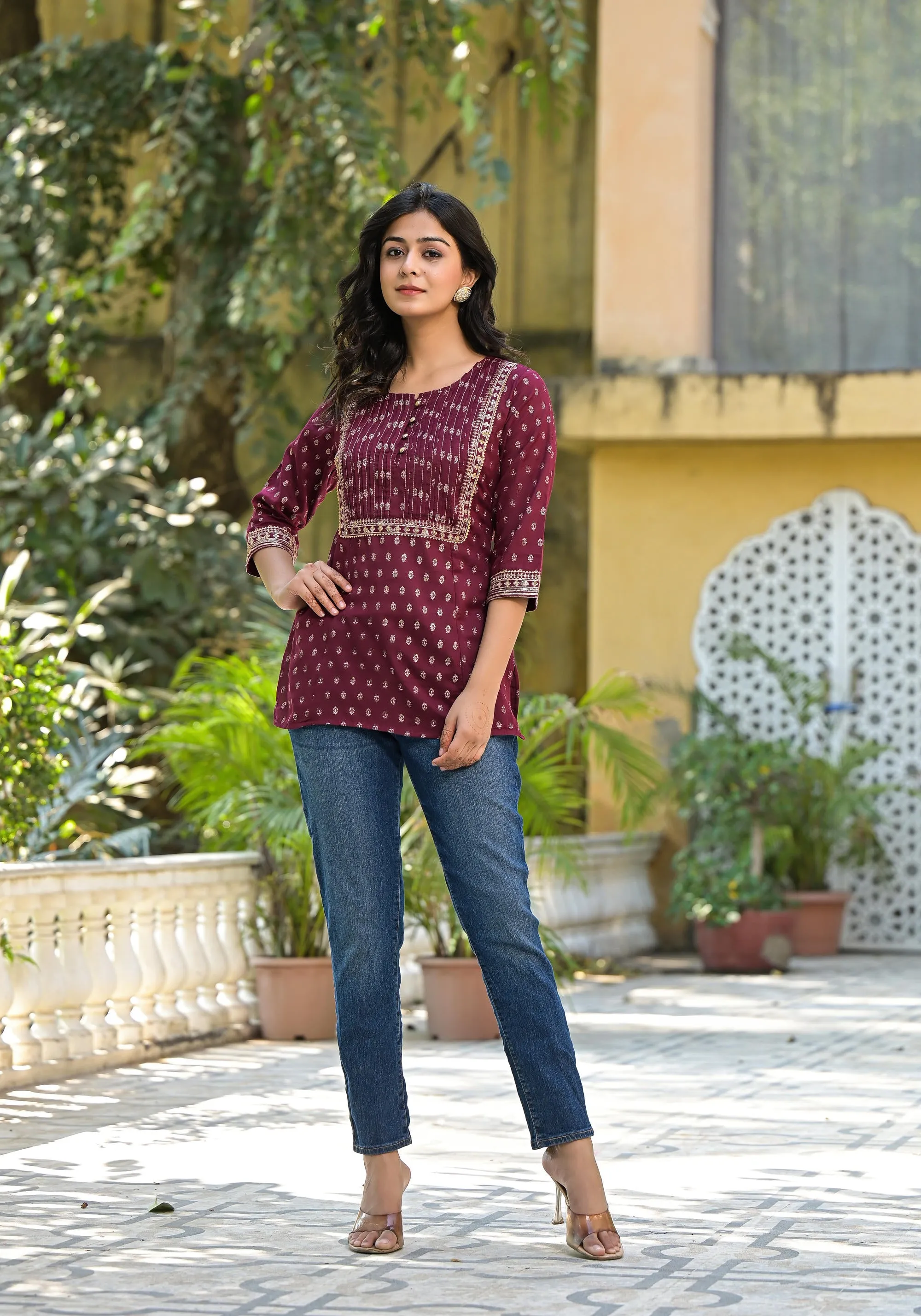 Wine Ethnic Motif Printed Liva Rayon Tunic With Sequins & Lace