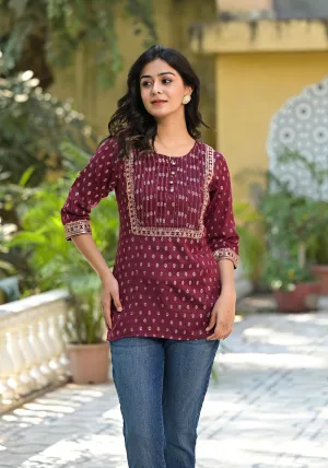 Wine Ethnic Motif Printed Liva Rayon Tunic With Sequins & Lace