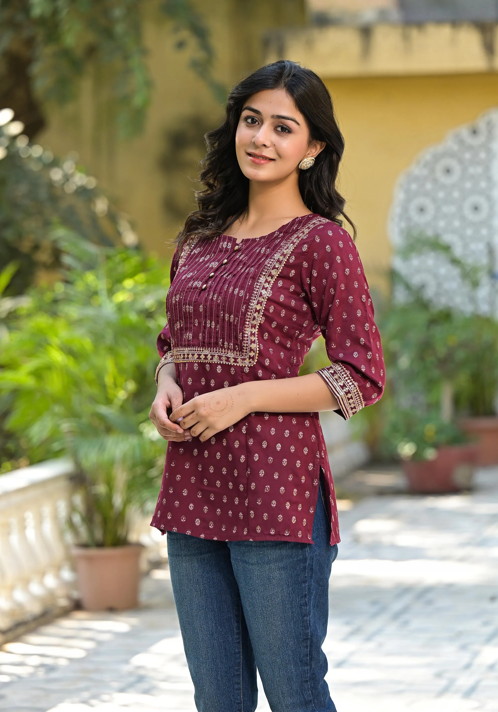 Wine Ethnic Motif Printed Liva Rayon Tunic With Sequins & Lace