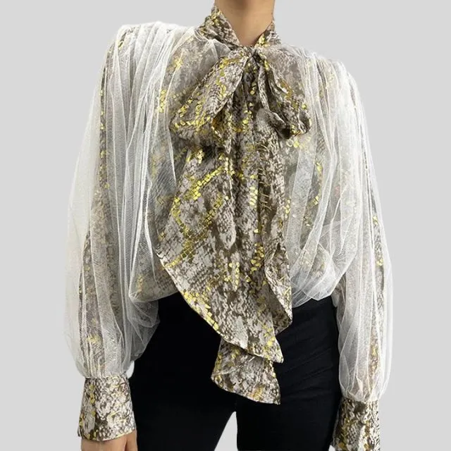 Women - Blouse - Snake Print Mesh with Ruffles - Trendy Fashion Top