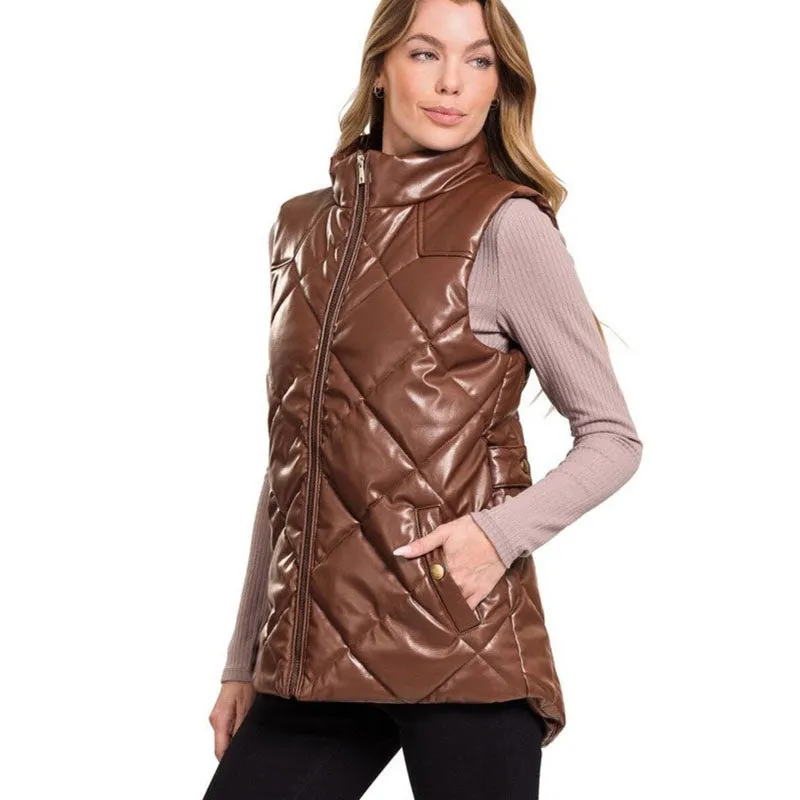 Women Chocolate Leather Puffer Vest