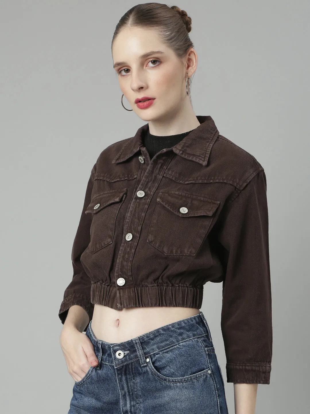 Women Coffee Brown Solid Denim Jacket