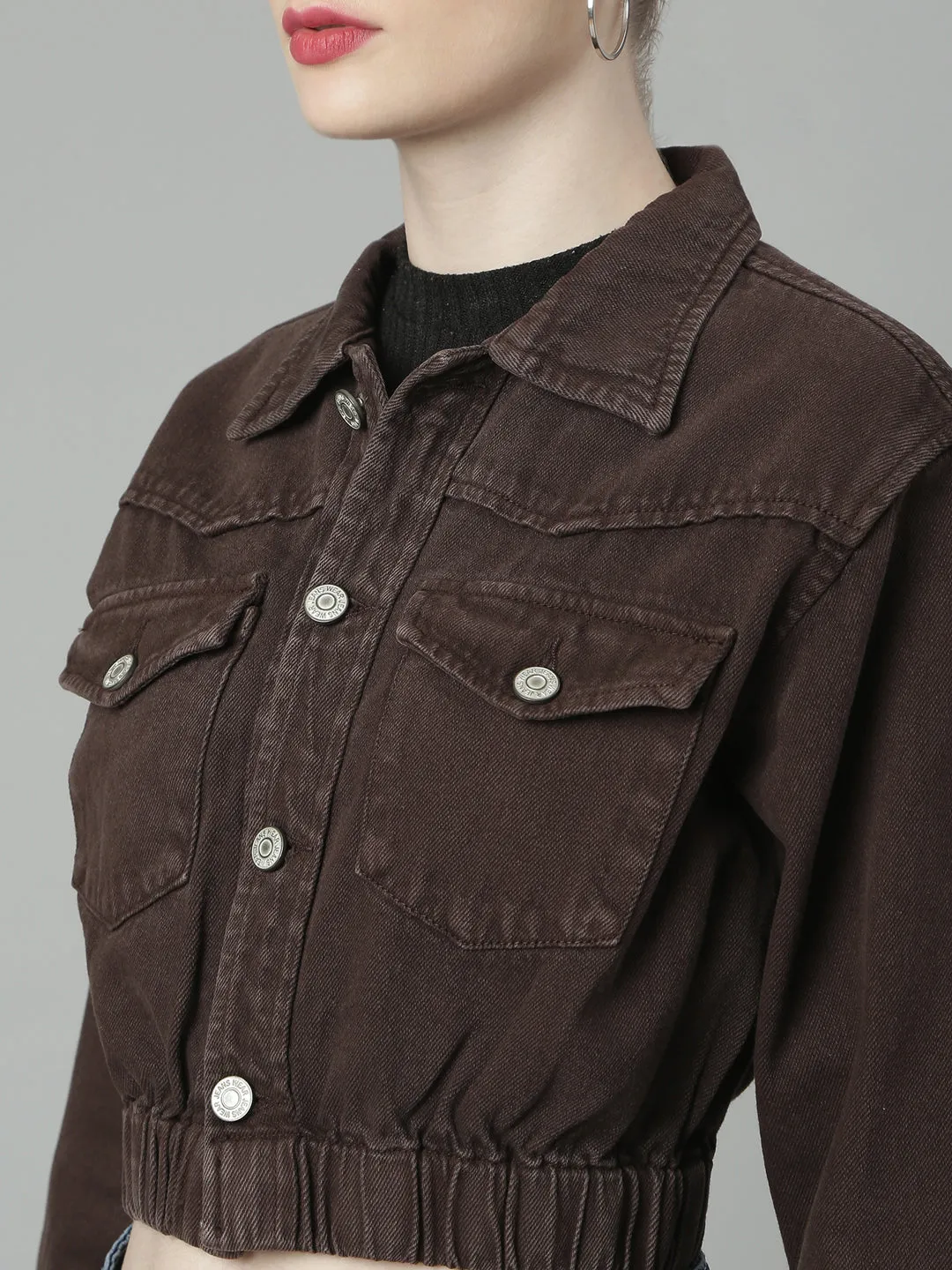 Women Coffee Brown Solid Denim Jacket