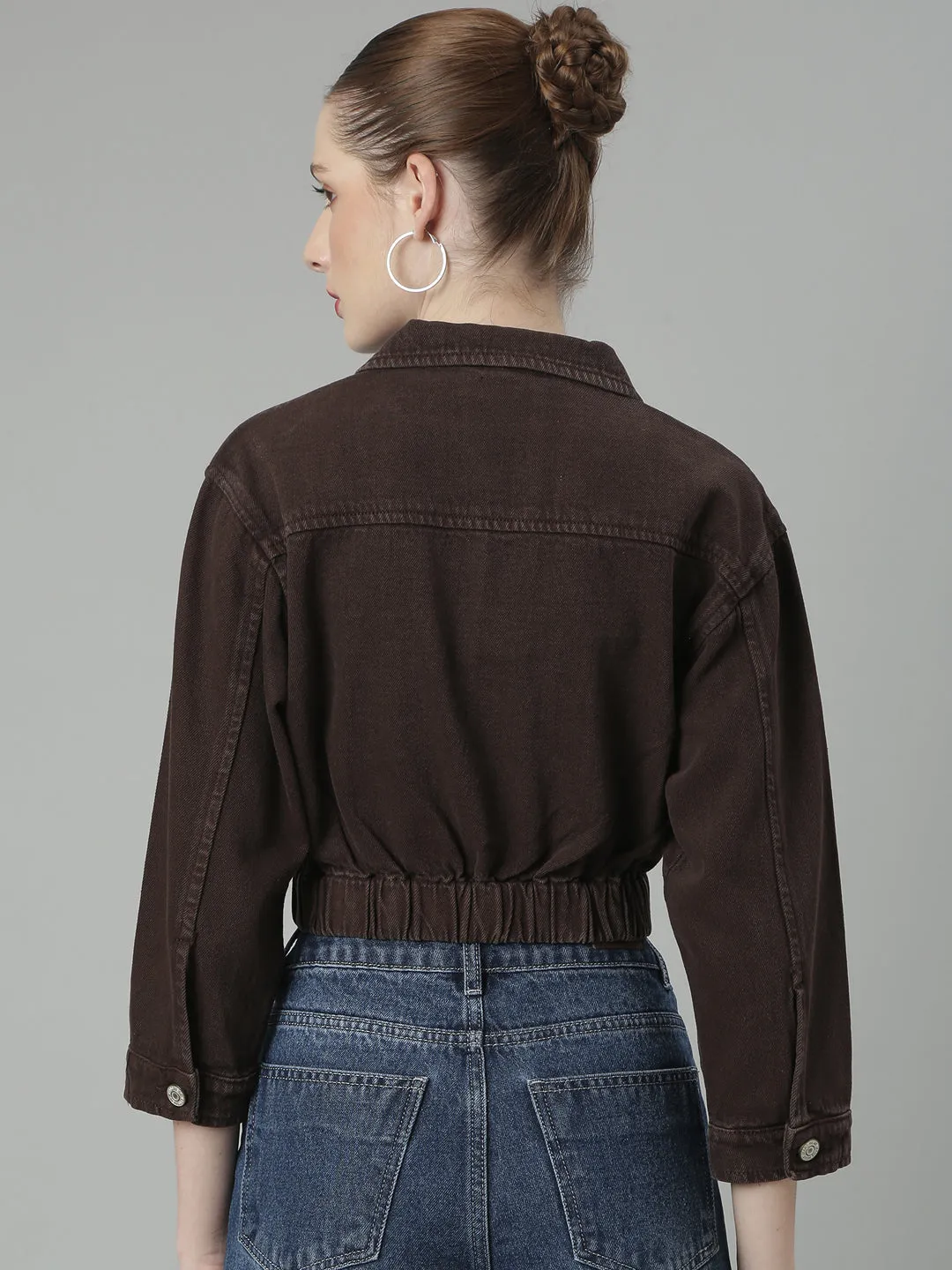 Women Coffee Brown Solid Denim Jacket