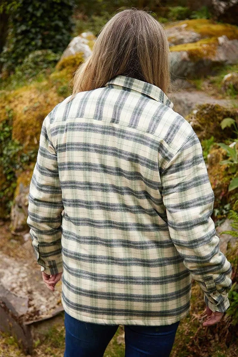 Women Collar Fleece Lined Flannel Shirt - Ecru, Green and Navy Check - Lee Valley