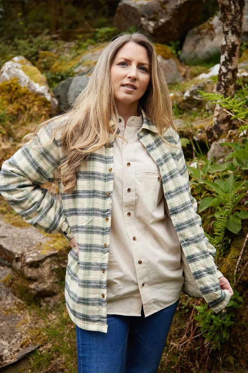 Women Collar Fleece Lined Flannel Shirt - Ecru, Green and Navy Check - Lee Valley