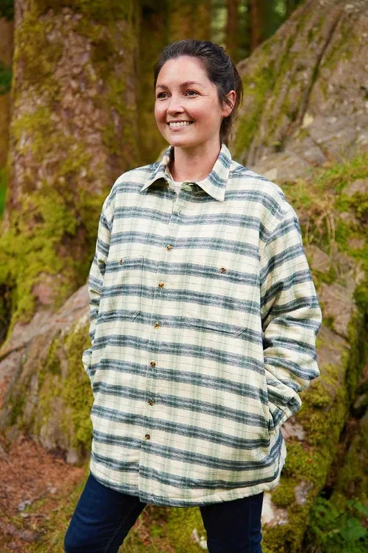 Women Collar Fleece Lined Flannel Shirt - Ecru, Green and Navy Check - Lee Valley