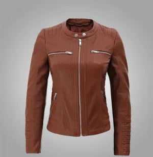 Women Skinny Style Brown Cafe Racer Genuine Leather Jacket