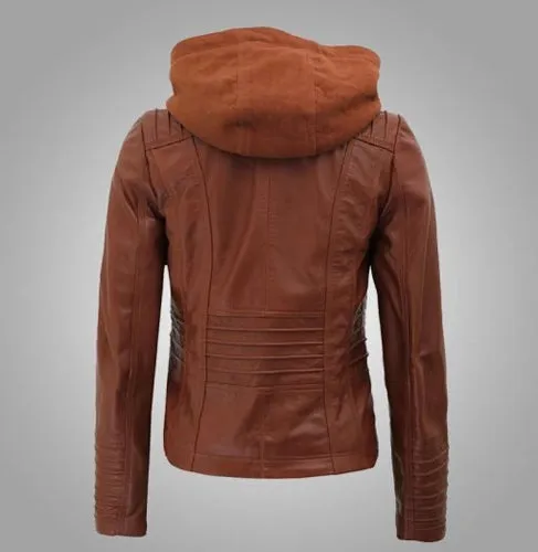 Women Skinny Style Brown Cafe Racer Genuine Leather Jacket